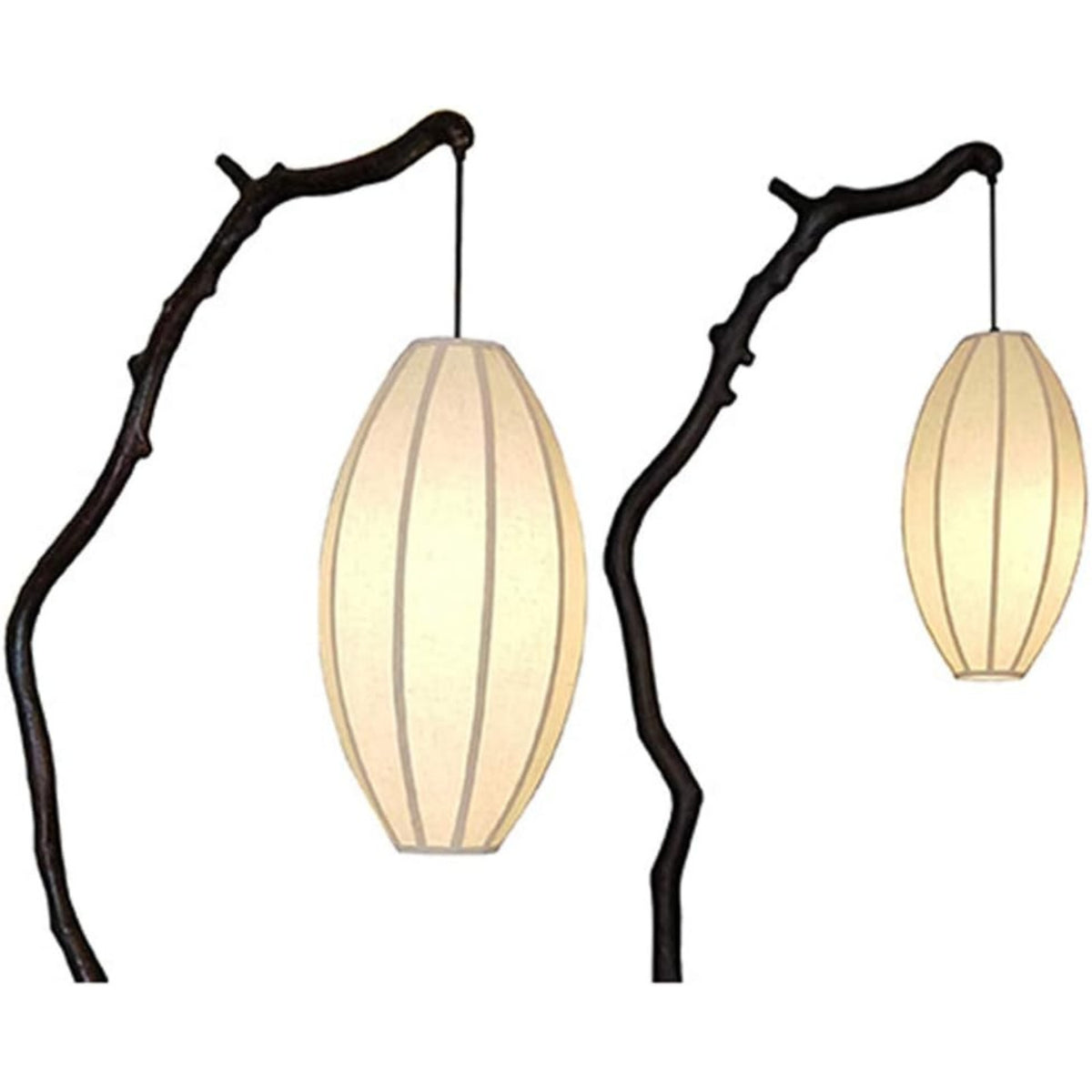 Two hanging pendant lights with dark branch-shaped metal frames and cream paper lantern-style shades, shown on a plain white background.
