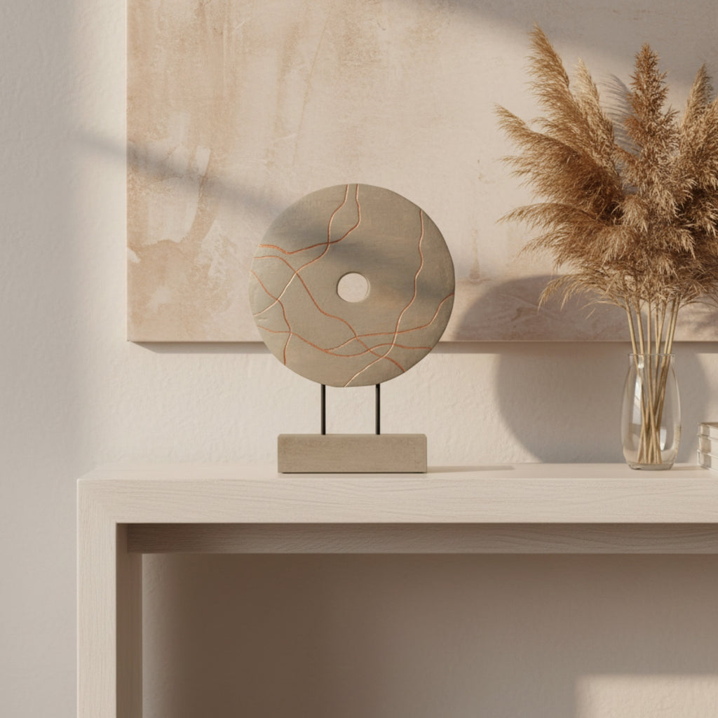 A decorative stone-like circular sculpture with a central hole, mounted on a rectangular base with two thin black legs. The top disc is light gray with thin copper-orange veining, set against a plain white background.