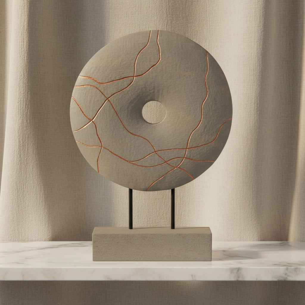 A decorative stone-like circular sculpture with a central hole, mounted on a rectangular base with two thin black legs. The top disc is light gray with thin copper-orange veining, set against a plain white background.