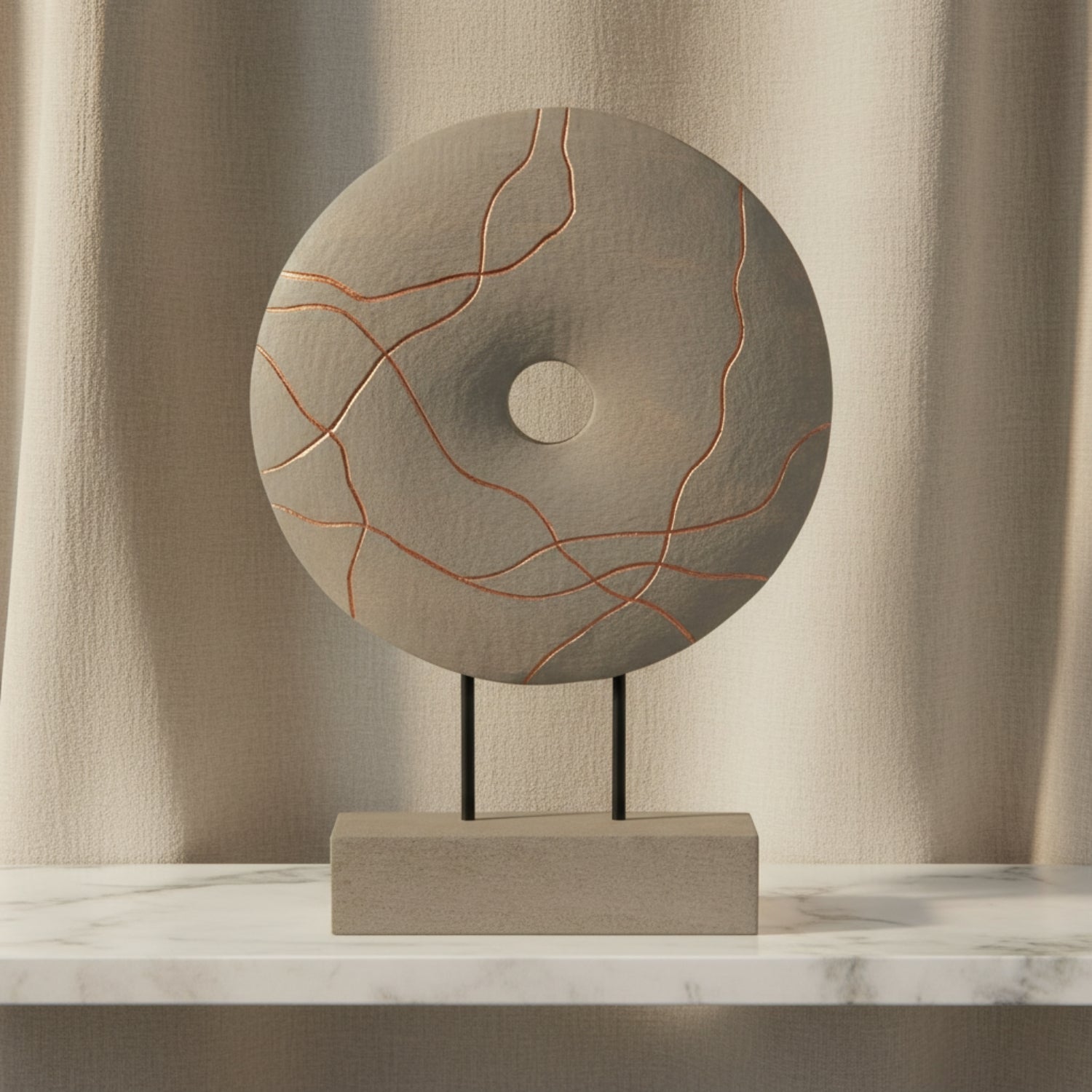 A decorative stone-like circular sculpture with a central hole, mounted on a rectangular base with two thin black legs. The top disc is light gray with thin copper-orange veining, set against a plain white background.