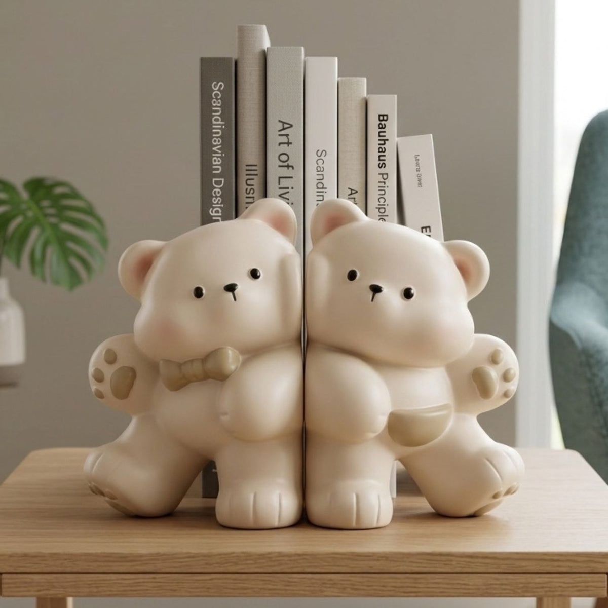 Two cream-colored bear bookends holding up a row of books on a light wood table, with a blurred indoor background.