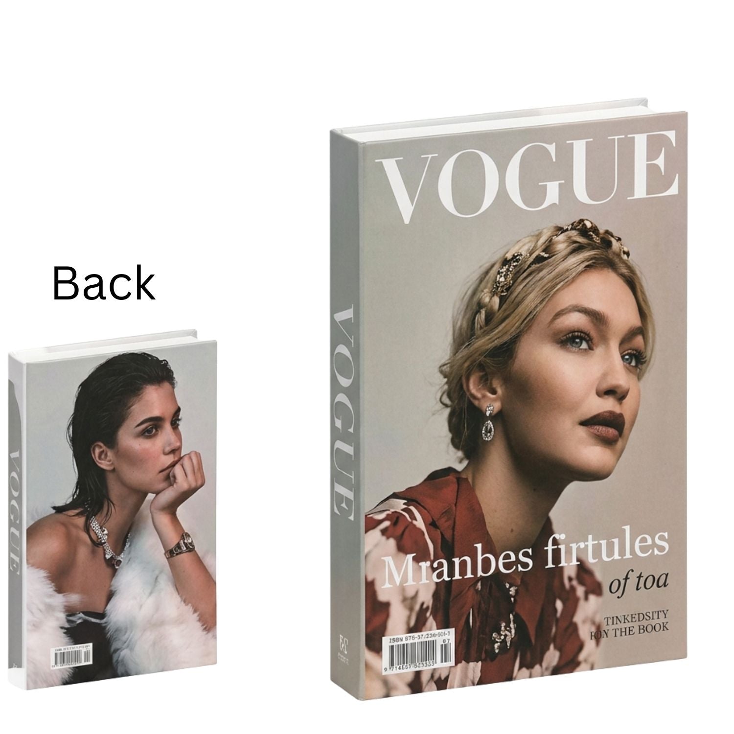A Vogue book shown from the front and back on a plain white background. The front cover features a portrait of a woman with the title 'Mranbes firtules of toa' and 'Vogue' across the top.