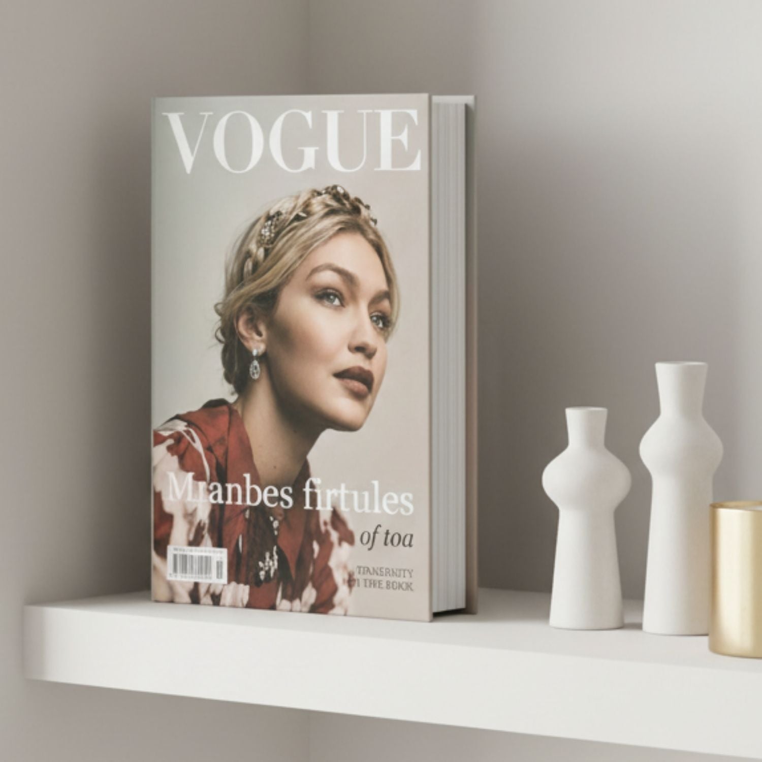 A Vogue magazine book standing upright on a white shelf, styled with three white ceramic vases and a small gold cylinder against a soft gray wall.