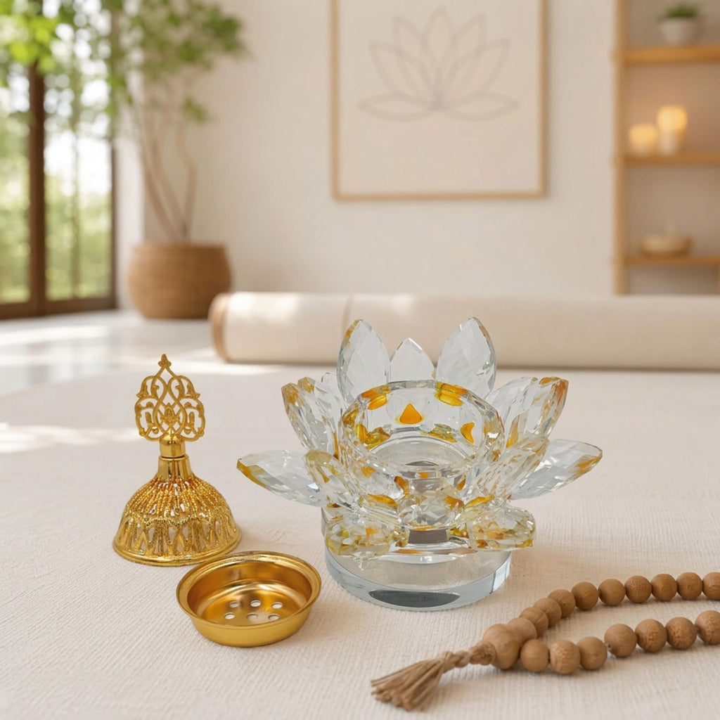 Close-up of the faceted lotus petals and ornate gold-toned lid