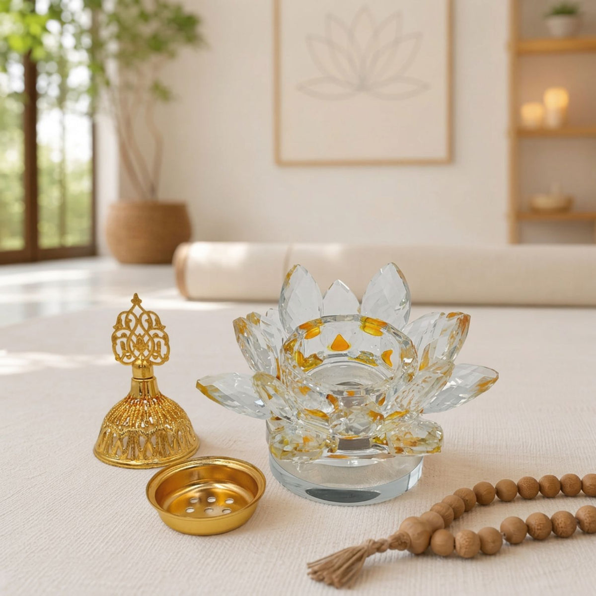 Close-up of the faceted lotus petals and ornate gold-toned lid