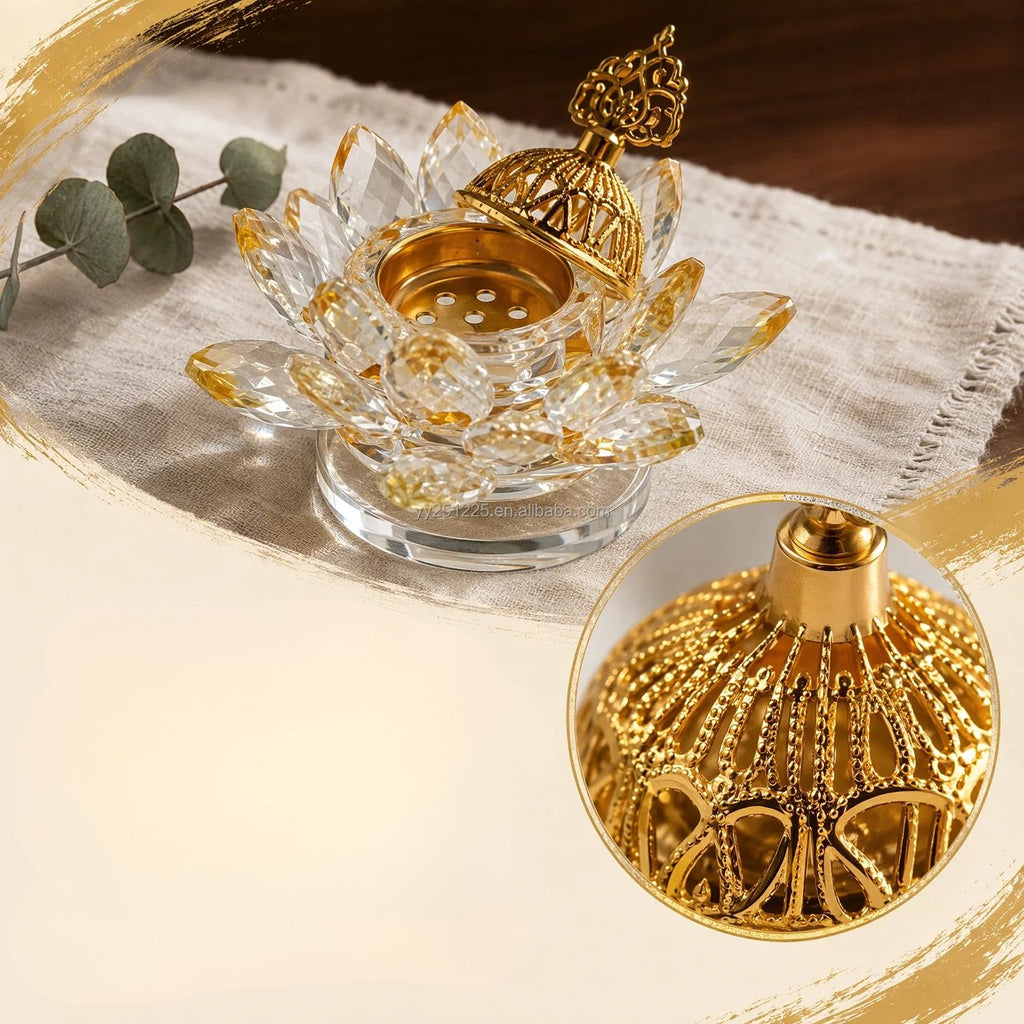 Gold crystal-style lotus incense burner with lid and incense dish in a living room