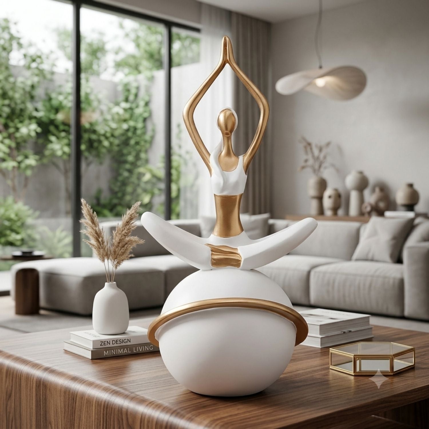 A modern white and gold decorative sculpture of a stylized dancer or abstract figure, displayed on a wooden coffee table in a contemporary living room setting.