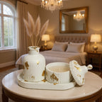 White & Gold Ceramic Vase and Heart Jar Tray Set