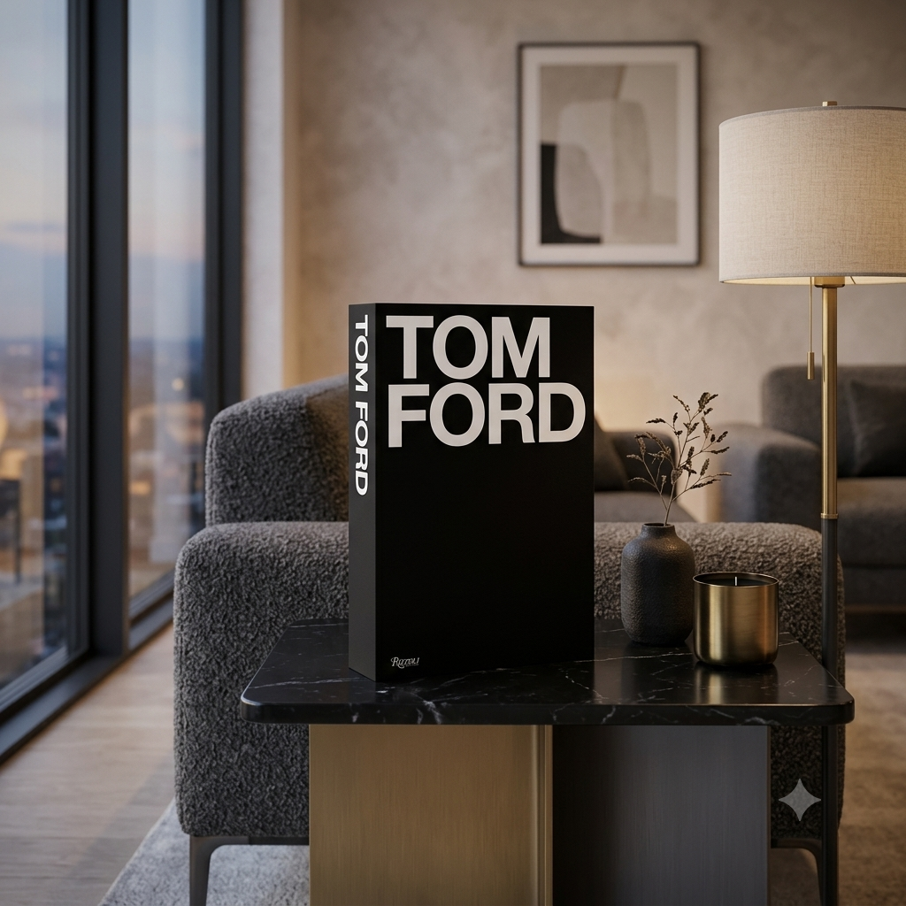 A black hardcover book titled 'TOM FORD' with bold white lettering stands on a black marble-top side table in a modern living room. The room includes gray upholstered seating, a floor lamp, framed wall art, and large windows overlooking a city skyline.