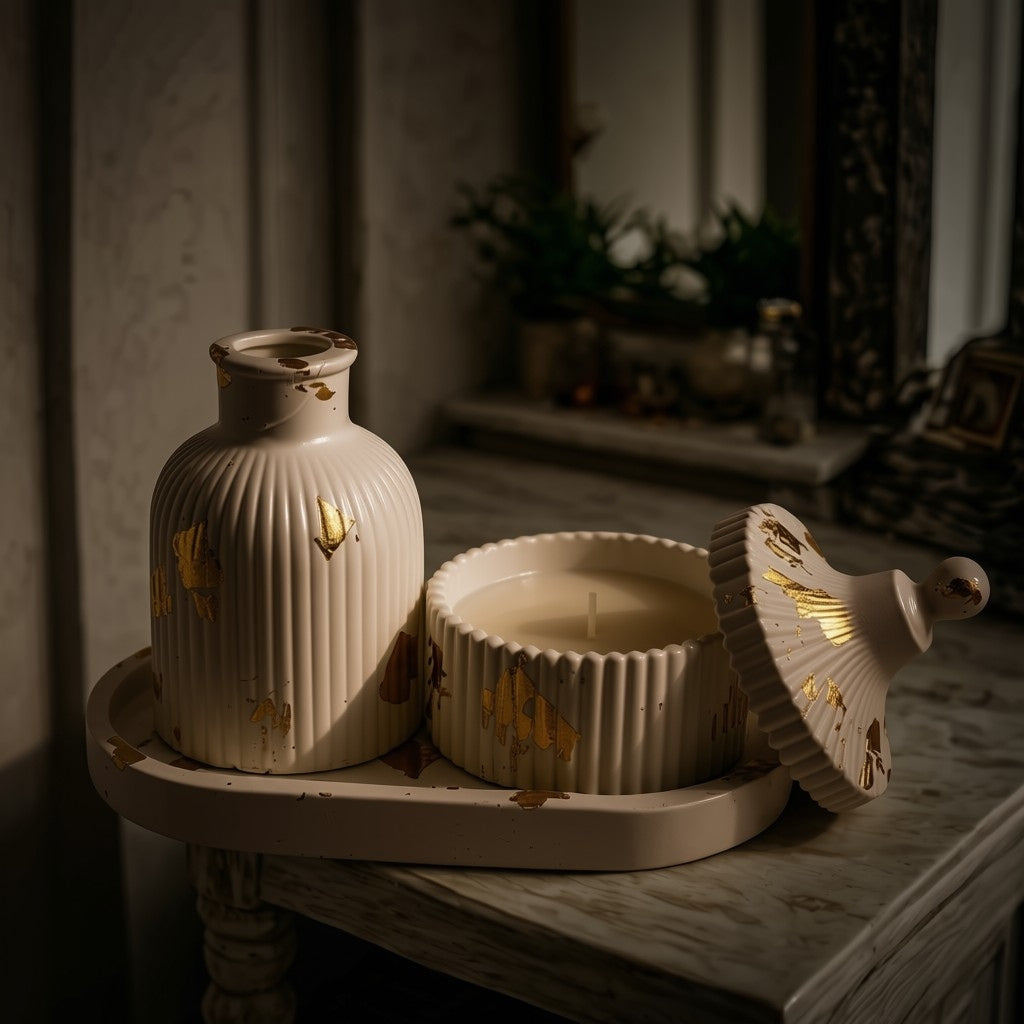 White & Gold Ceramic Vase and Heart Jar Tray Set