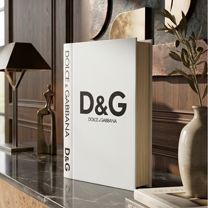 A white Dolce & Gabbana D&G book standing upright on a polished stone console table in a warm, wood-paneled interior. The book spine and cover are visible, with the bold black D&G logo and brand name printed on the front and spine.
