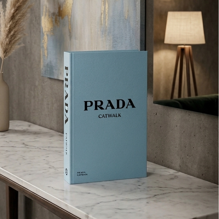 A light blue hardcover book titled 'PRADA CATWALK' stands upright on a marble-topped console table in a modern living room setting.