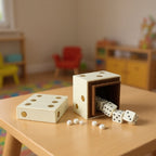 Ivory and gold dice box open on coffee table with dice spilling out