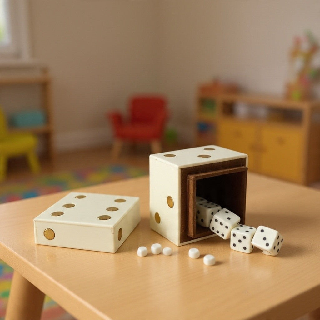 Ivory and gold dice box open on coffee table with dice spilling out