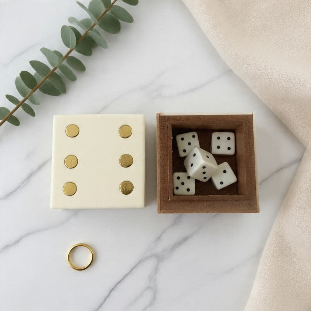 Ivory and gold dice box open on table in playroom