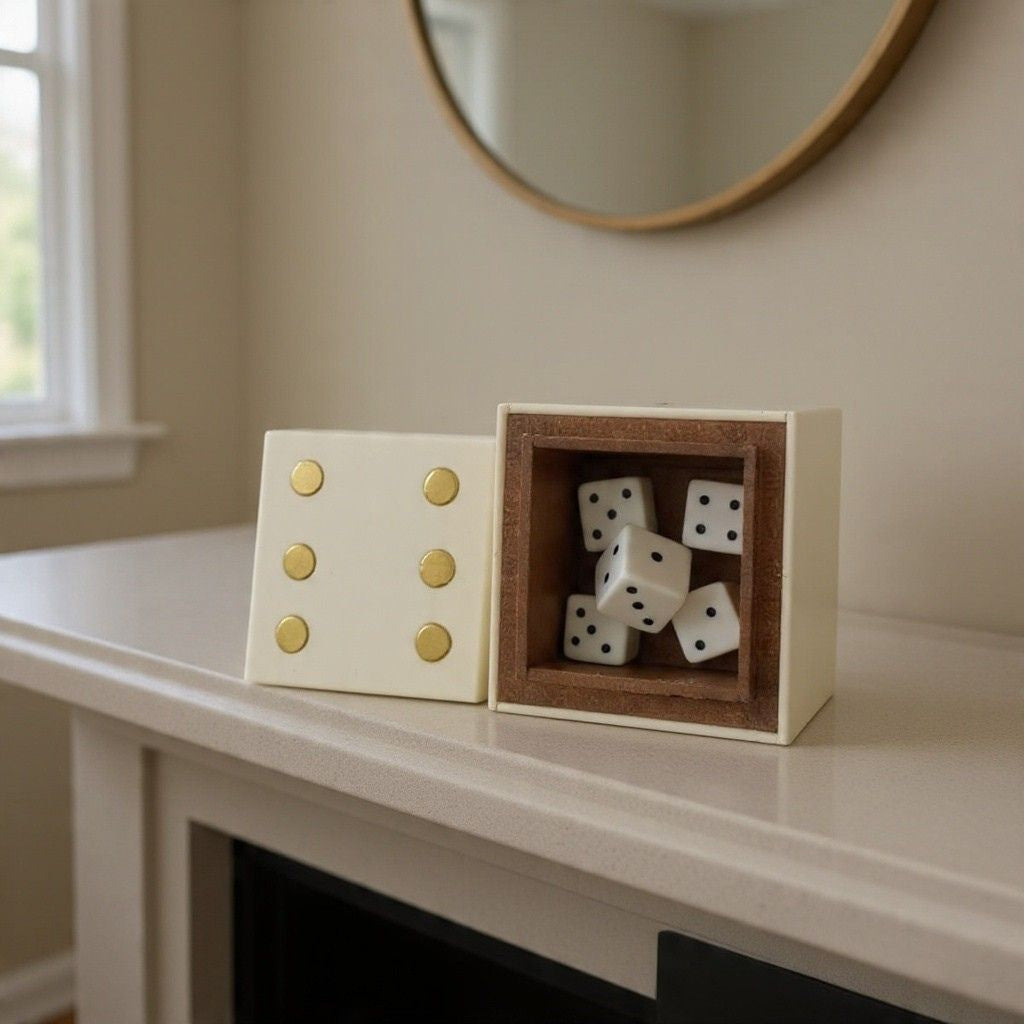 Ivory and gold dice box flat lay on marble surface