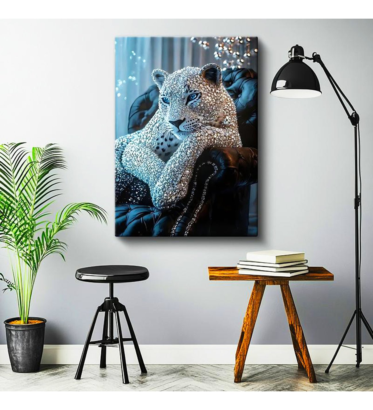 Crystal Diamond Leopard Canvas Wall Art styled in room setting