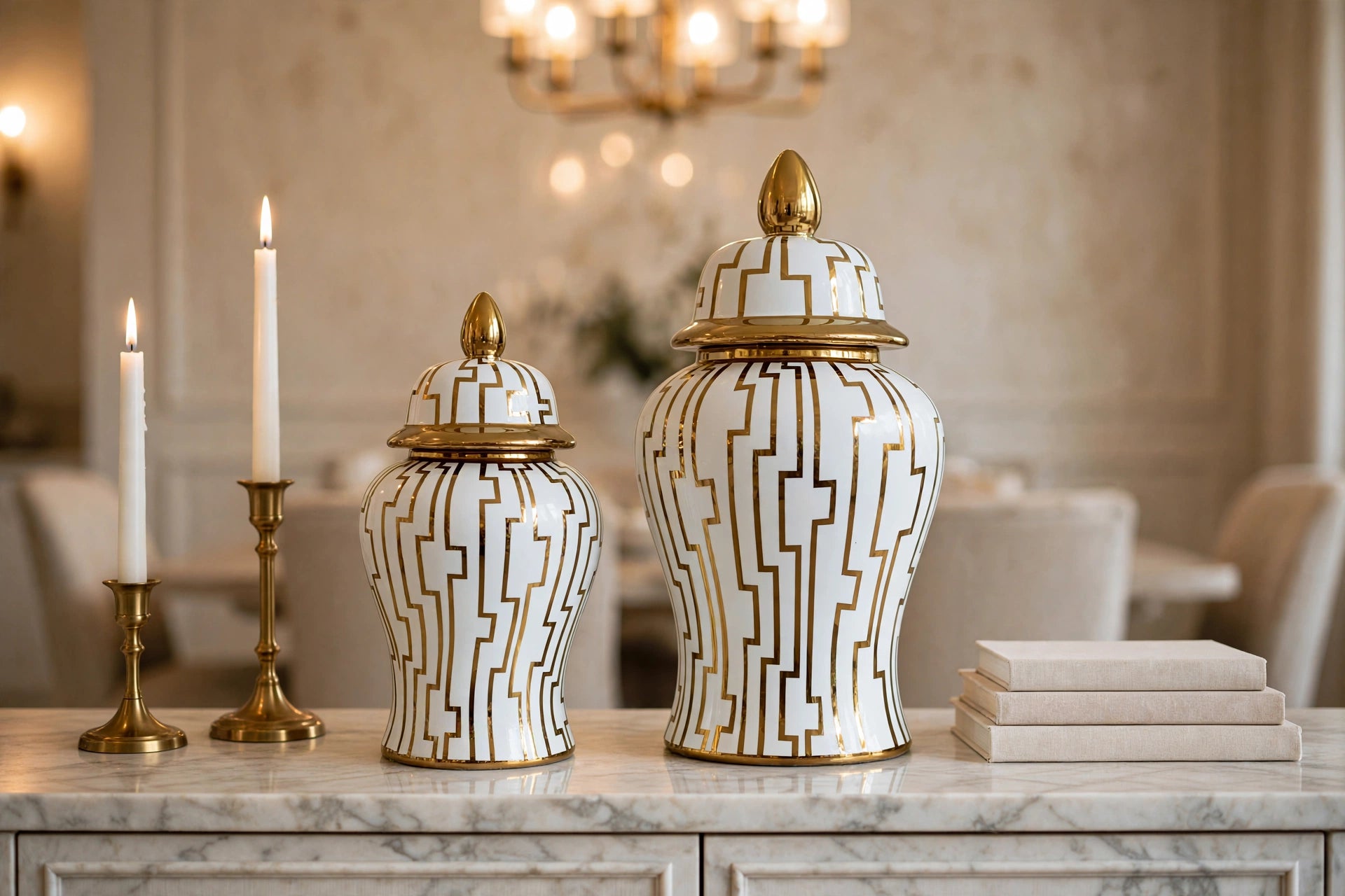 Ivory & Gold Geometric Liner Ginger Jar