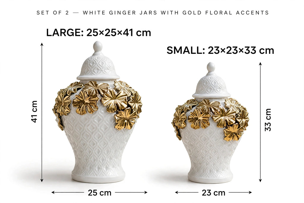 3D Floral Ginger Jar White & Gold – Set of 2