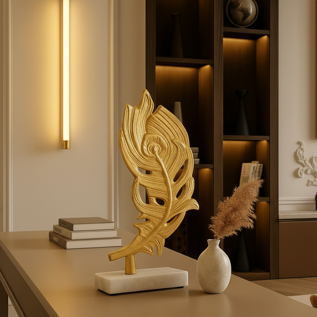 Gold Peacock Feather Sculpture - Lifestyle
