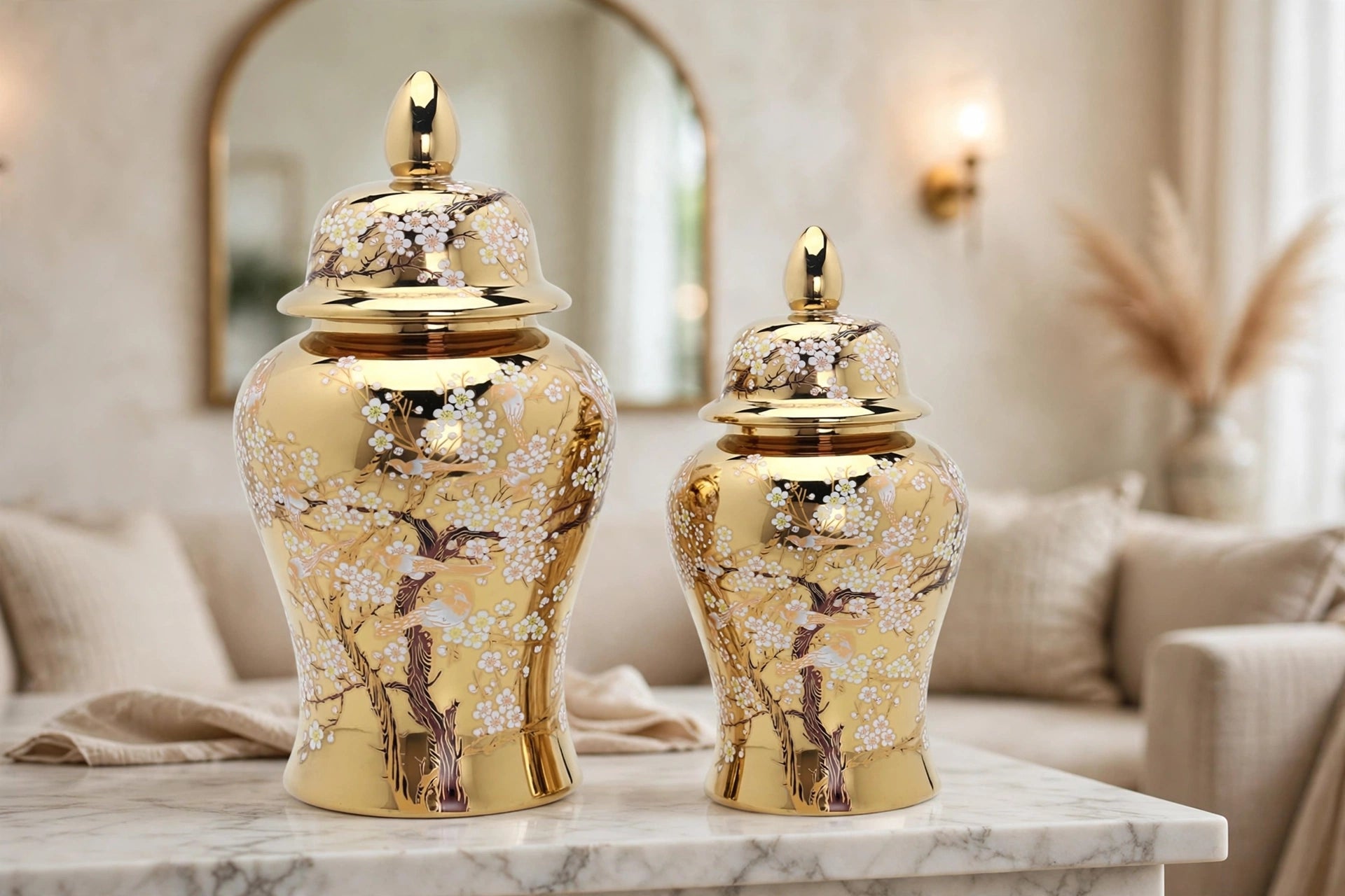 Gold Cherry Blossom Ginger Jar with Lid