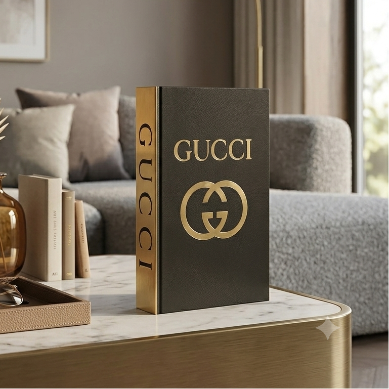 A luxury Gucci hardcover book with a dark green cover and gold logo, displayed on a marble coffee table in a modern living room setting.