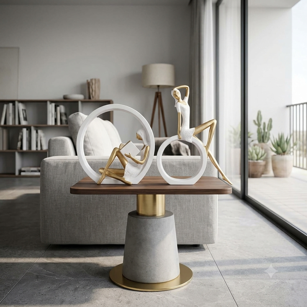 A modern side table in a bright living room, featuring a round concrete base with a brushed gold circular foot, a wooden top, and a gold central column. On top sits a white and gold abstract sculpture.