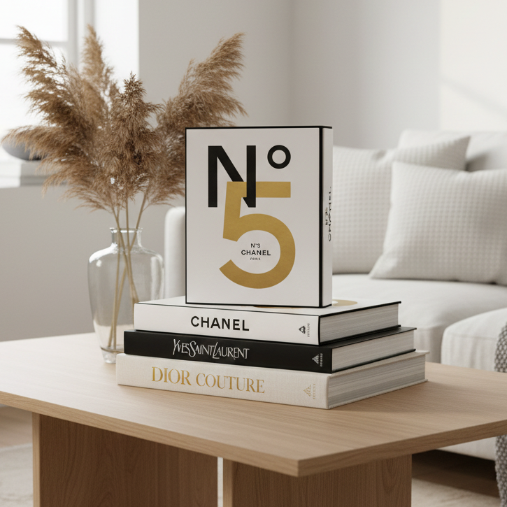 Chanel No 5 coffee table book stacked with luxury fashion books on oak coffee table in Scandinavian living room with pampas grass