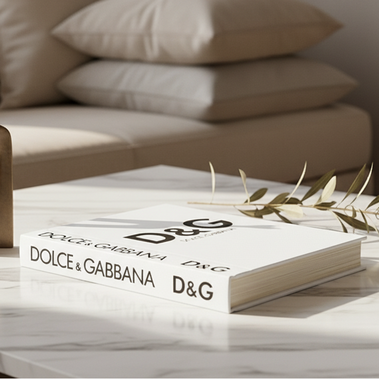 D&G Dolce & Gabbana white coffee table book laid flat on marble coffee table with bronze abstract sculpture and dried olive branch in minimalist luxury interior