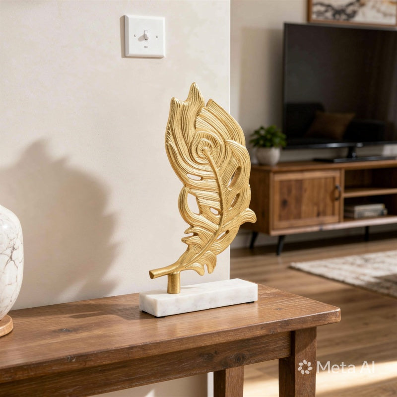 Gold Peacock Feather Sculpture on Marble Base