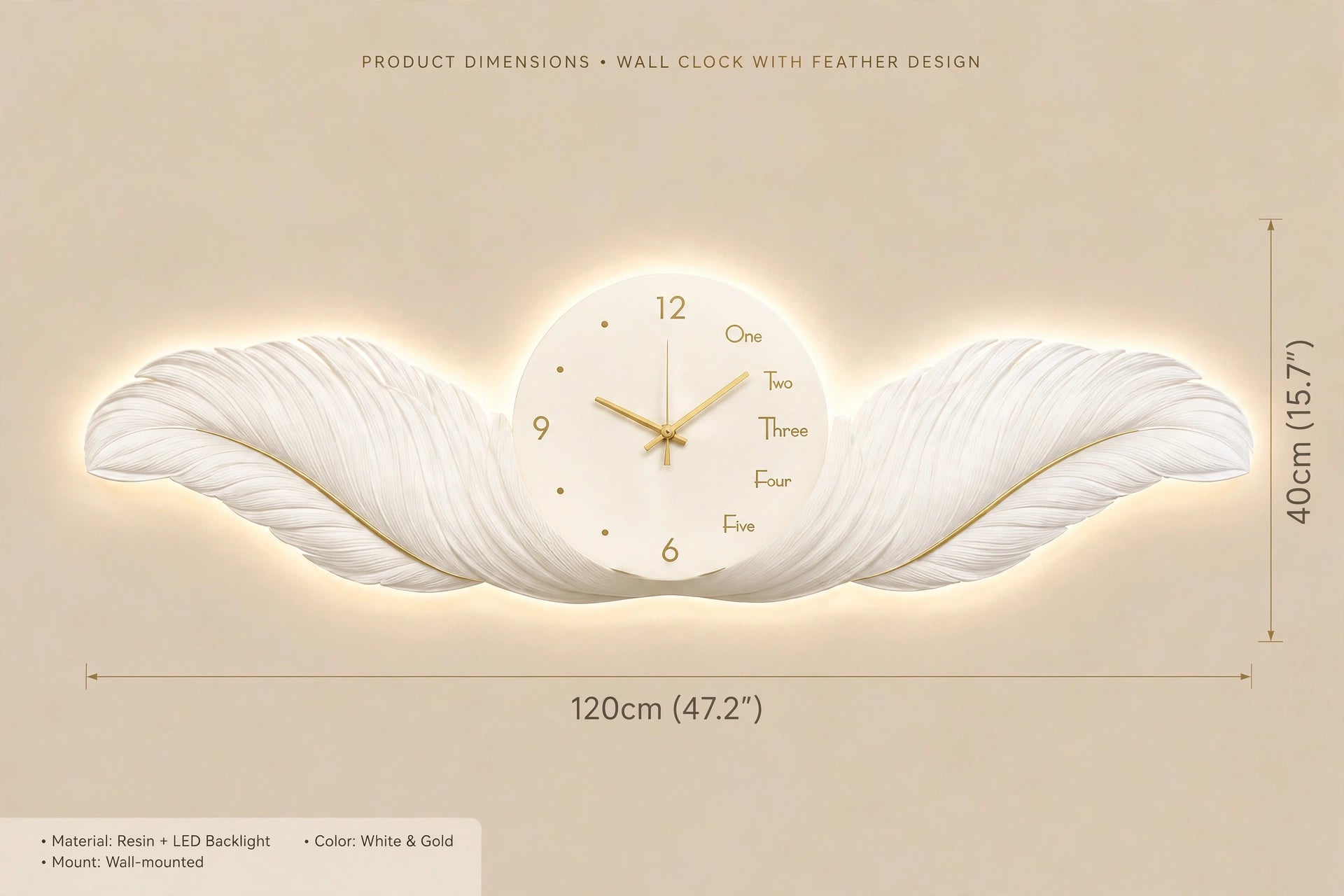 Luxury White Angel Wings LED Wall Clock dimensions 120x40cm size guide
