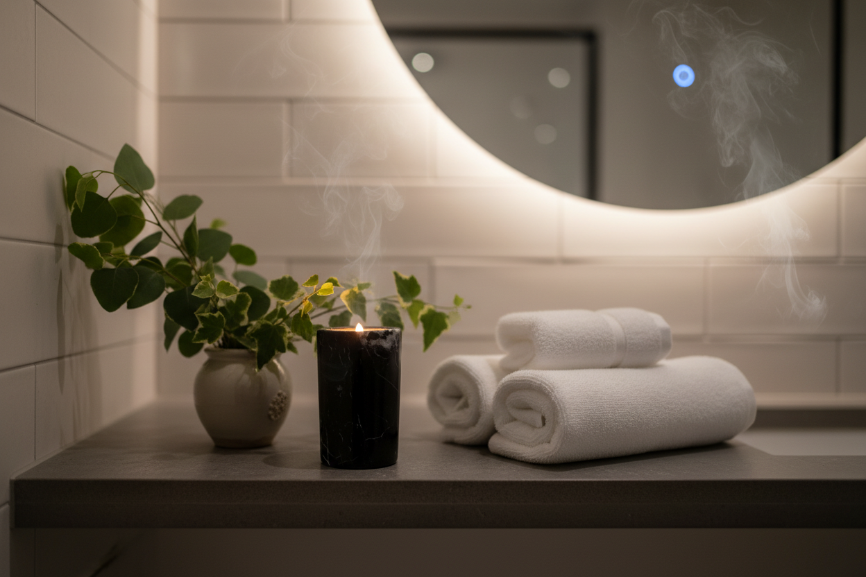 Black marble candle on bathroom shelf