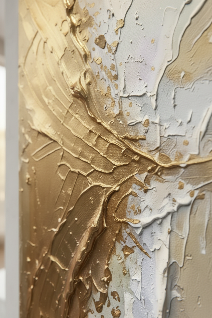 Gold and Sand Abstract Framed Canvas Wall Art 80x100cm – close-up of thick impasto gold and cream textured brushstroke detail