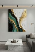 Emerald Green and Gold Abstract Framed Canvas Wall Art 80x100cm – styled in elegant modern living room