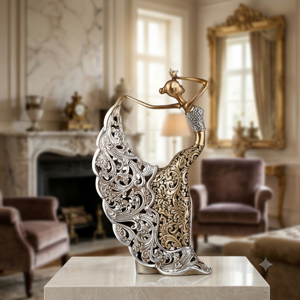 Gold dancing lady sculpture on marble console table in luxury interior