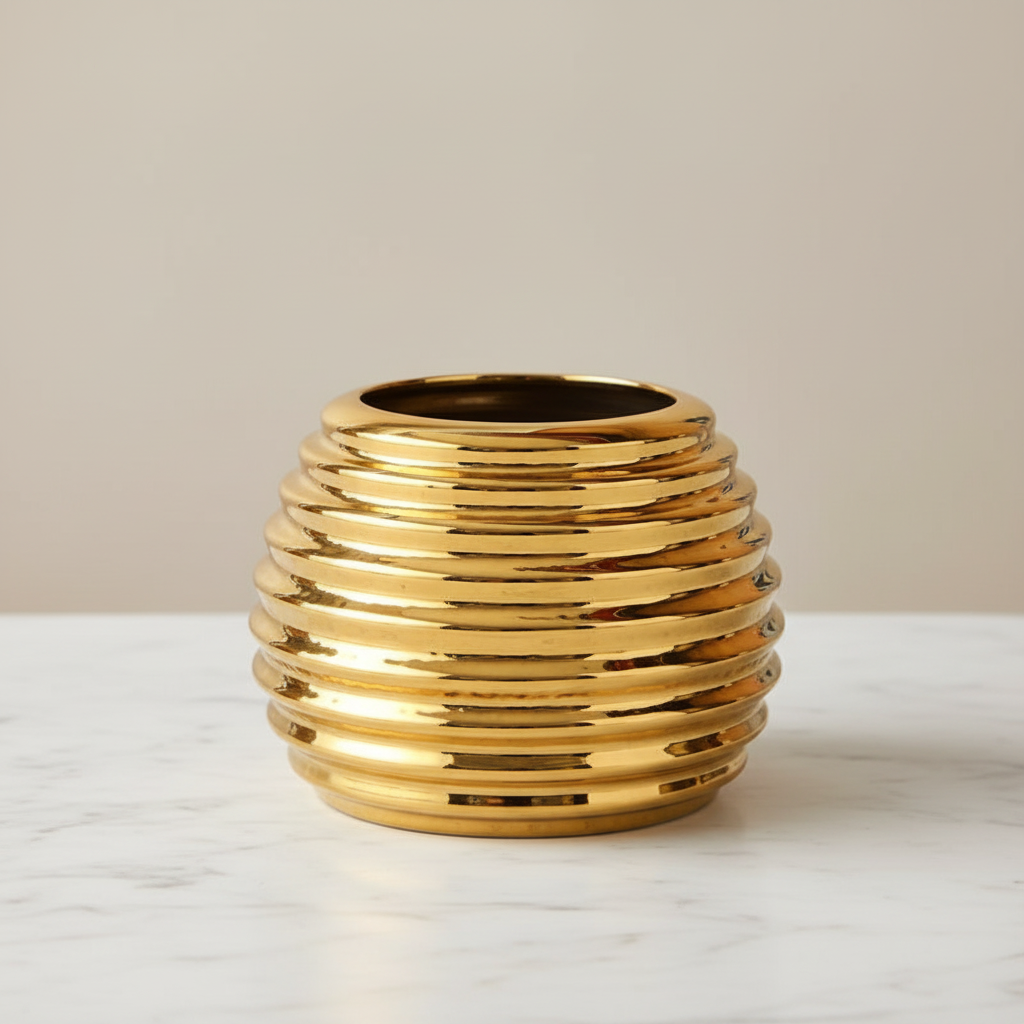 Gold ribbed round ceramic vase on marble surface