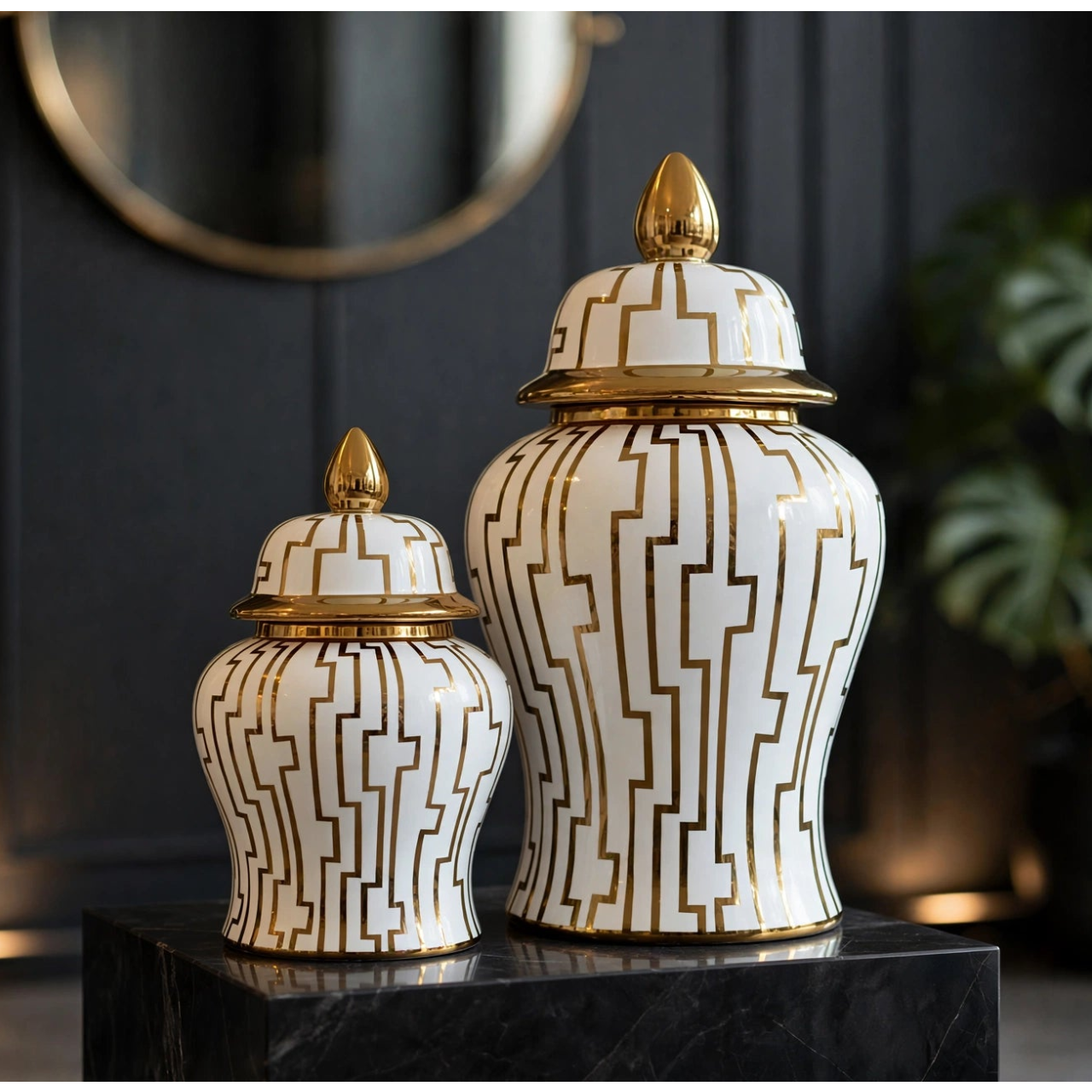 Ivory & Gold Geometric Liner Ginger Jar