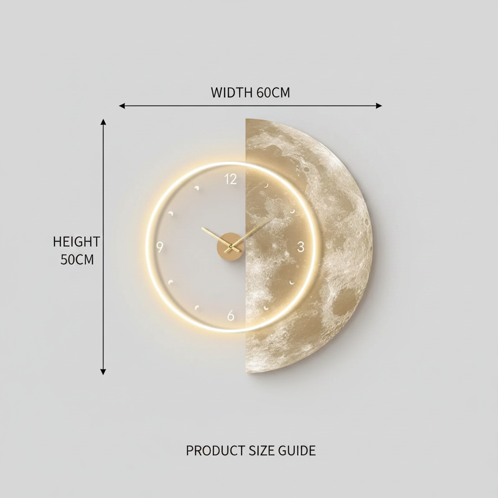Golden Crescent Moon LED Wall Clock dimensions 60x50cm