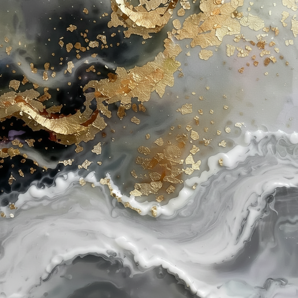 Black Gold and Marble Abstract Framed Canvas Wall Art 100x100cm – close-up of gold leaf flakes and charcoal marble swirl texture detail