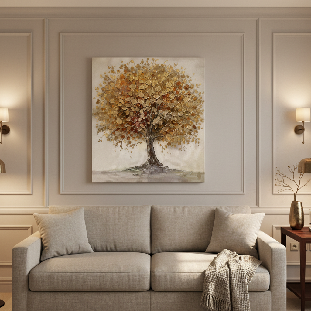 Gold Tree of Life Canvas Wall Art 80x80cm – styled on neutral wall in elegant living room