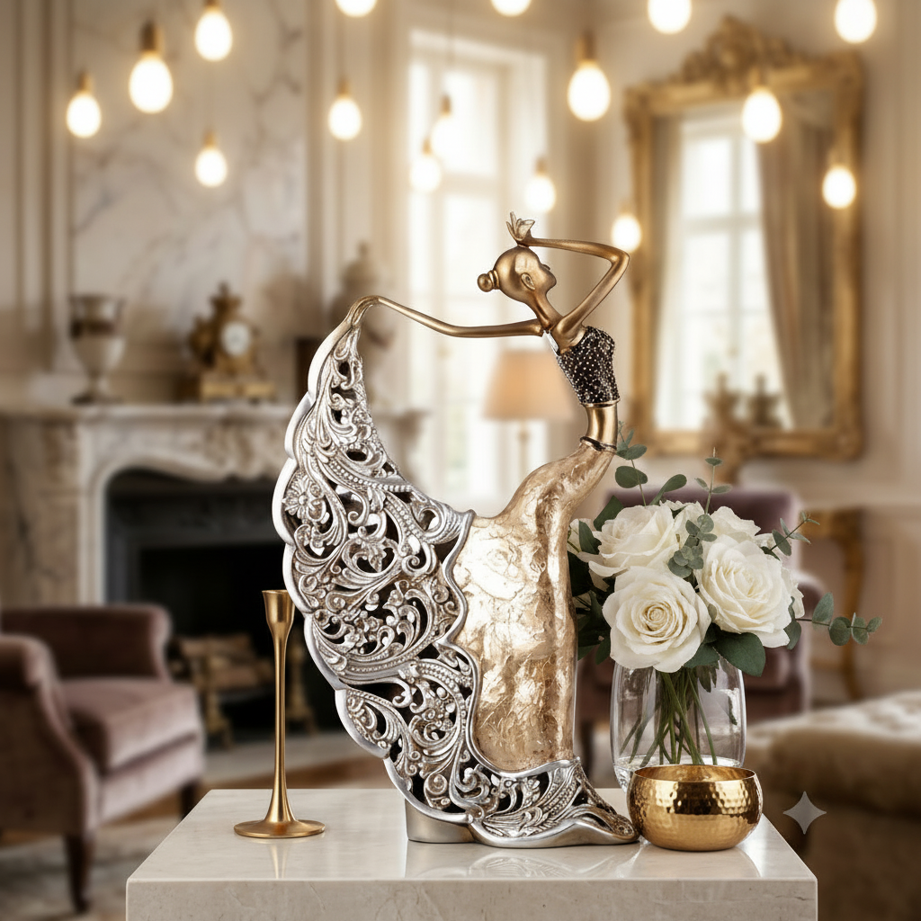 Gold dancing lady filigree figurine on marble shelf in bright luxury interior