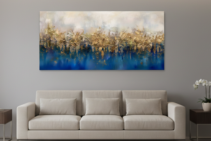 Blue and Gold Abstract Canvas Wall Art 140x70cm – styled in elegant modern living room