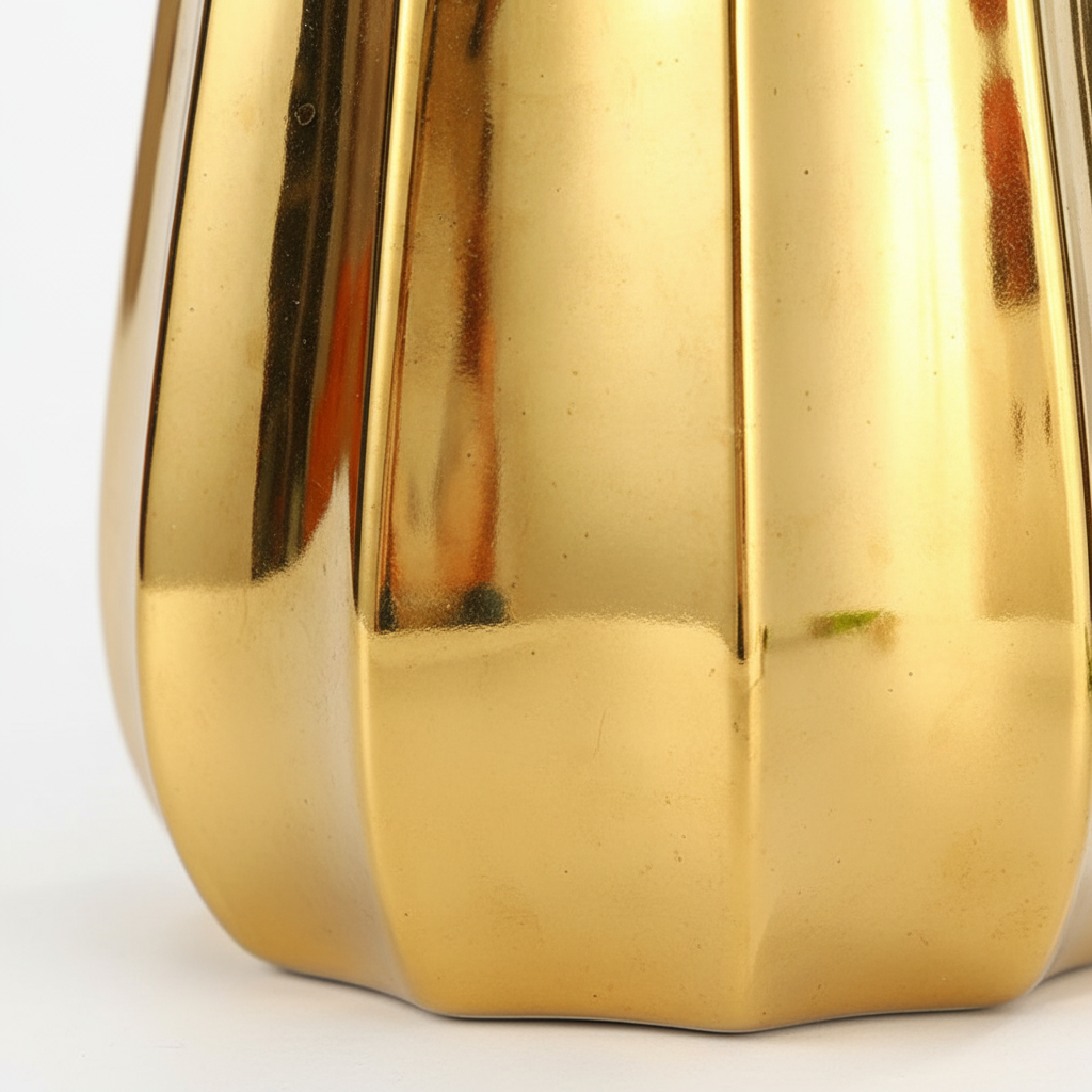 Gold pumpkin ceramic vase close-up texture detail