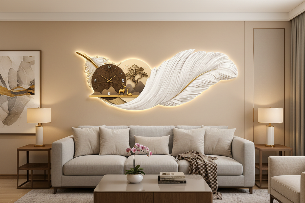 White Feather LED Wall Clock styled in living room