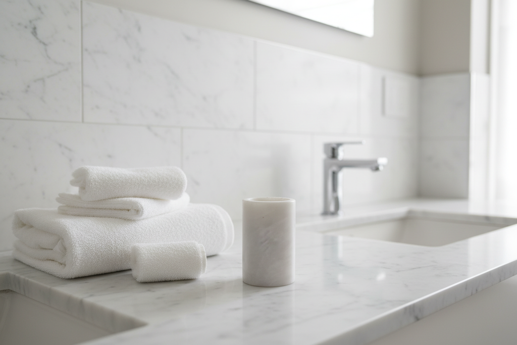 White marble candle on bathroom vanity