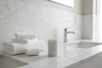 White marble candle on bathroom vanity