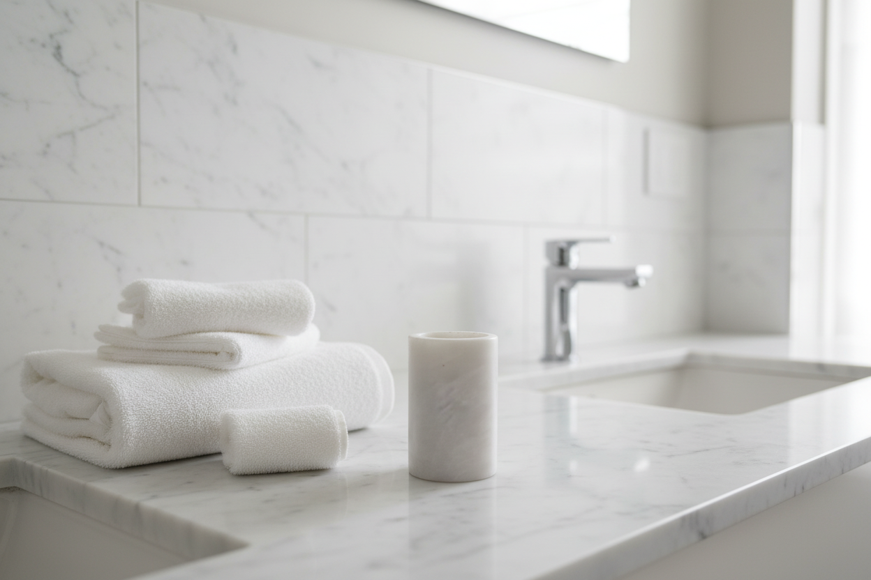 White marble candle on bathroom vanity
