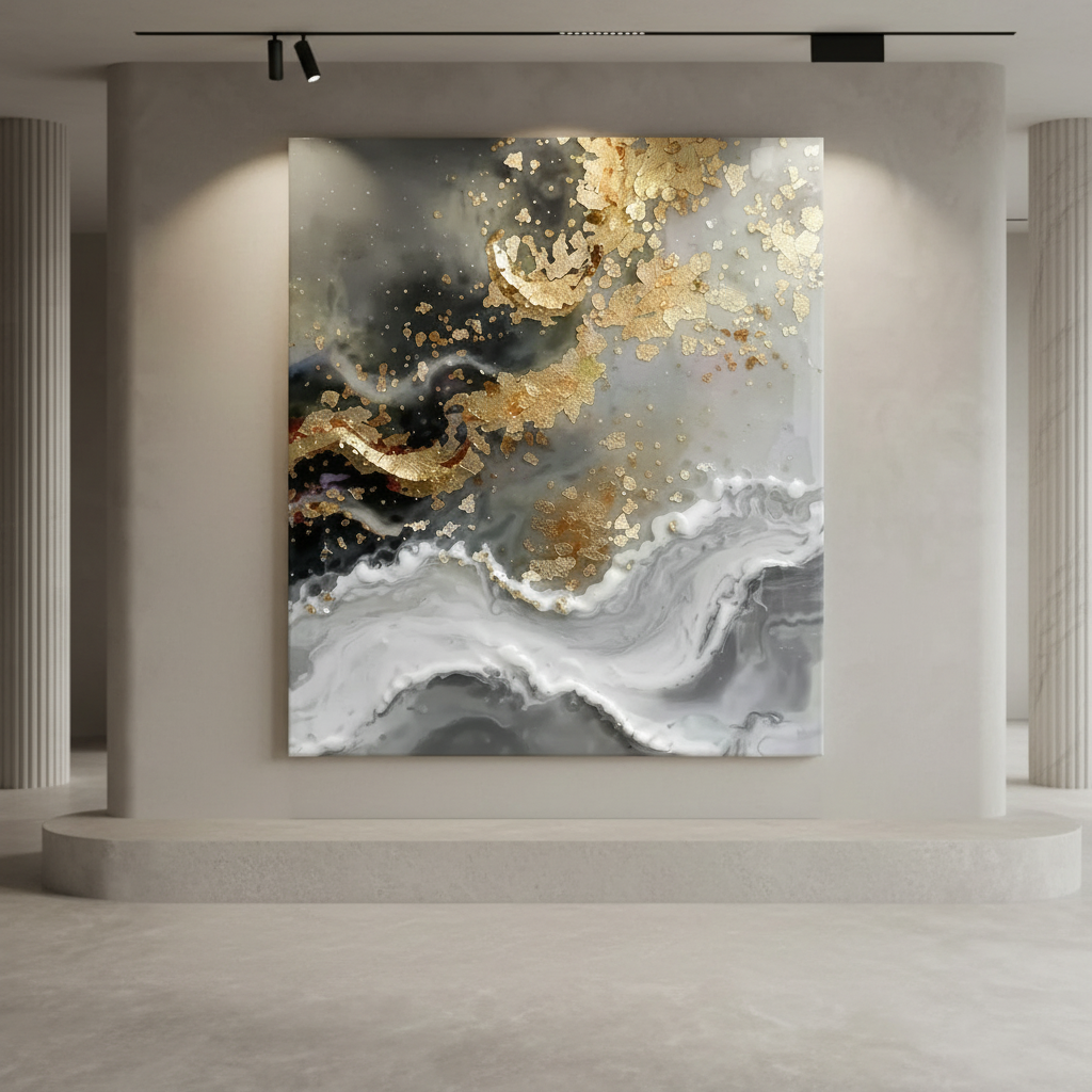 Black Gold and Marble Abstract Framed Canvas Wall Art 100x100cm – styled in opulent contemporary living room with marble flooring