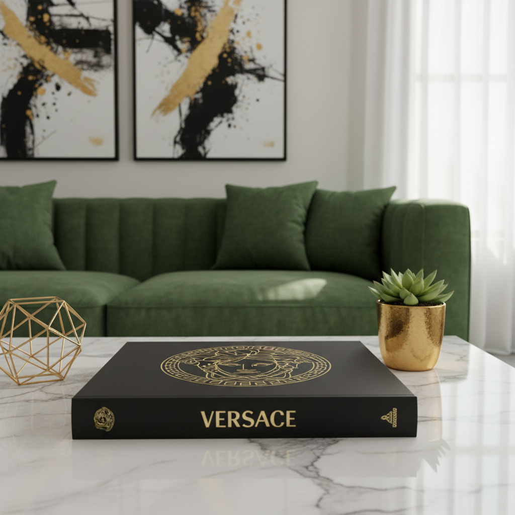 Versace black and gold coffee table book laid flat on marble coffee table with gold geometric ornament and succulent in luxury living room