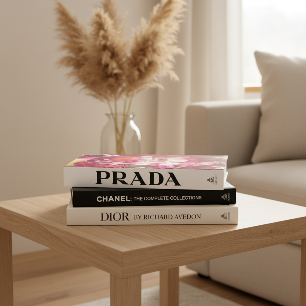 Prada Marfa pink floral book stacked with luxury fashion books on oak side table in Scandinavian living room with pampas grass